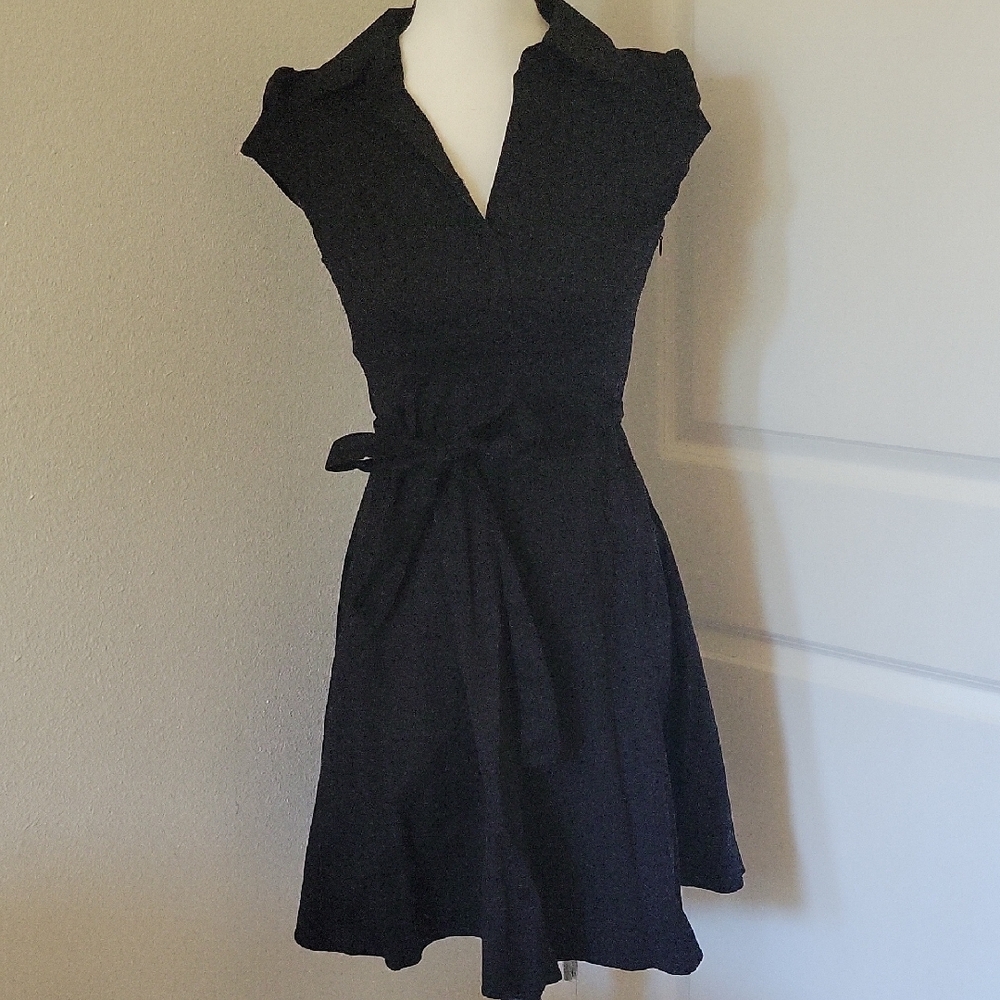 Black A-Line Wrap Dress with Notched Collar
